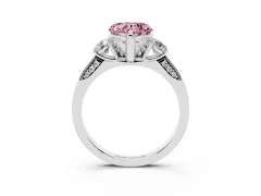 Fancy Pink Heart Cut Diamond Three-Stone Ring Set in Silver with Pavé Band and Smaller Side Stones