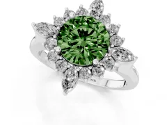 Fancy Green Round Cut Diamond Cluster Halo Ring Set in White gold with Marquise and Round Accents
