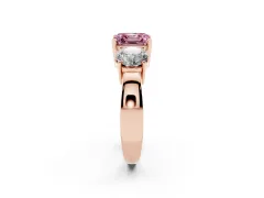 Fancy Pink Asscher Cut Diamond Three-Stone Ring Set in Rose gold with Round Side Stones and Classic Band