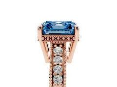 Fancy Blue Asscher Cut Diamond Solitaire Pavé Milgrain Engagement Ring Set in Rose gold with Prong Setting