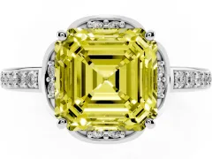 Fancy Yellow Asscher Cut Diamond Halo Ring Set in Silver with Channel Set Band and Prong Setting