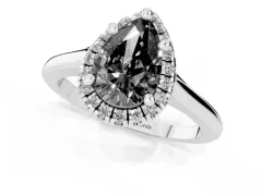 Fancy Black Pear Cut Diamond Halo Engagement Ring Set in White gold with Pavé Band and Rising Shoulders