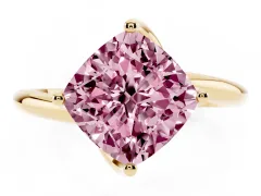 Fancy Pink Cushion Cut Diamond Solitaire Engagement Ring Set in Yellow gold with Classic Plain Band