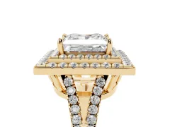 Princess Cut Diamond Double Halo Ring Set in Yellow gold with Pavé Band