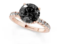 Fancy Black Round Cut Diamond Pavé Solitaire Ring Set in Rose gold with Round Band Accents and Prong Setting