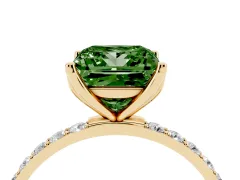 Fancy Green Princess Cut Diamond Solitaire Engagement Ring Set in Yellow gold with Round Pavé Band and Prong Setting