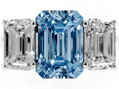Fancy Blue Emerald Cut Diamond Three-Stone Ring Set in Silver with Plain Polished Band