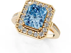 Fancy Blue Radiant Cut Diamond Halo Ring Set in Yellow gold with Accent-Lined Split Shank and Prong Setting