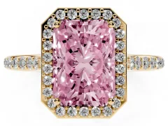 Fancy Pink Radiant Cut Diamond Halo Engagement Ring Set in Yellow gold with Round Pavé Shoulders and Heart Gallery