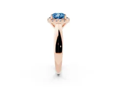 Fancy Blue Cushion Cut Diamond Halo Solitaire Engagement Ring Set in Rose gold with Square Band and Prong Setting