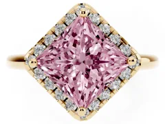 Fancy Pink Princess Cut Diamond Halo Engagement Ring Set in Yellow gold with Pavé Band and Rising Shoulders