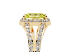 Fancy Yellow Emerald Cut Diamond Halo Split Shank Pavé Ring Set in Yellow gold with Prong Setting