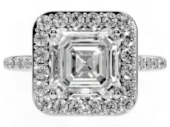 Asscher Cut Diamond Halo Engagement Ring Set in Silver with Round Pavé Shoulders and Heart Gallery