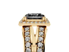 Fancy Black Asscher Cut Diamond Halo Ring Set in Yellow gold with Double Pavé Split Shank