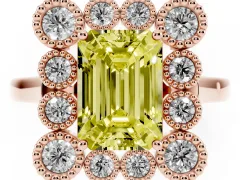 Fancy Yellow Emerald Cut Diamond Cluster Halo Ring Set in Rose gold with Milgrain Bezel Accents and Plain Band