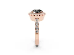 Fancy Black Round Cut Diamond Halo Ring Set in Rose gold with Pavé Shank and Prong Setting