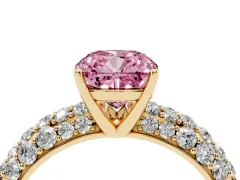 Fancy Pink Cushion Cut Diamond Pavé Band Solitaire Ring Set in Yellow gold with Close-Set Accent Stones and Prong Setting