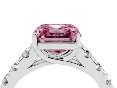 Fancy Pink Asscher Cut Diamond Solitaire Ring Set in White gold with Cut-Down Micro Pavé Band and Prong Setting