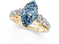 Fancy Blue Marquise Cut Diamond Solitaire Ring Set in Yellow gold with Pavé-Set Band and Prong Setting