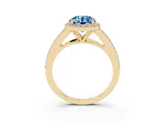Fancy Blue Round Cut Diamond Halo Split Shank Ring Set in Yellow gold with Accent Stones and Prong Setting