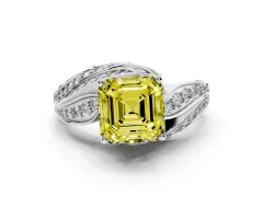 Fancy Yellow Asscher Cut Diamond Solitaire Ring Set in Platinum with Layered Twist Pavé Band