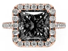 Fancy Black Princess Cut Diamond Halo Pavé Engagement Ring Set in Rose gold with Prong Setting