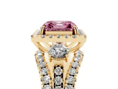 Fancy Pink Asscher Cut Diamond Halo Split Shank Ring Set in Yellow gold with Round Accent Stones and Prong Setting