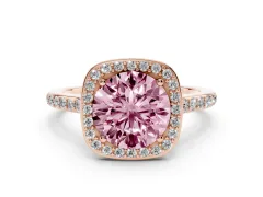 Fancy Pink Round Cut Diamond Halo Engagement Ring Set in Rose gold with Round Pavé Shoulders and Heart Gallery