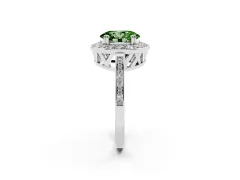 Fancy Green Oval Cut Diamond Halo Ring Set in Platinum with Accent-Lined Split Shank and Prong Setting
