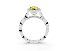 Fancy Yellow Emerald Cut Diamond Halo Twist Band Solitaire Ring Set in Platinum with Prong Setting
