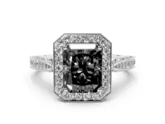 Fancy Black Radiant Cut Diamond Halo Engagement Ring Set in Silver with Accent Split Shank Band