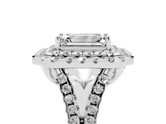 Emerald Cut Diamond Double Halo Ring Set in Platinum with Pavé Split Shank and Prong Setting