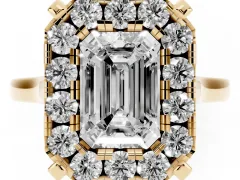 Emerald Cut Diamond Cluster Halo Solitaire Ring Set in Yellow gold with Prong Setting