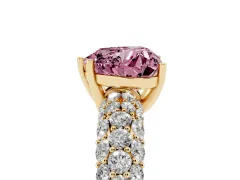 Fancy Pink Heart Cut Diamond Pavé Band Solitaire Ring Set in Yellow gold with Close-Set Accent Stones and Prong Setting