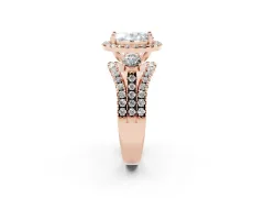 Oval Cut Diamond Halo Split Shank Ring Set in Rose gold with Round Accent Stones and Prong Setting