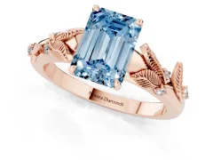 Fancy Blue Emerald Cut Diamond Solitaire Ring Set in Rose gold with Leaf Motif Band