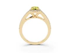 Fancy Yellow Emerald Cut Diamond Halo Split Shank Pavé Ring Set in Yellow gold with Prong Setting