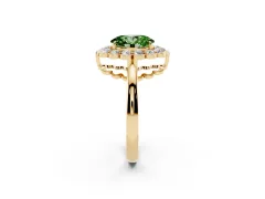 Fancy Green Oval Cut Diamond Halo Cluster Engagement Ring Set in Yellow gold with Solitaire Band and Prong Setting