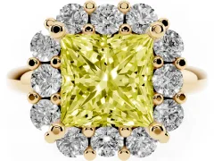 Fancy Yellow Princess Cut Diamond Halo Cluster Engagement Ring Set in Yellow gold with Polished Band and Prong Setting