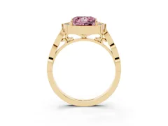 Fancy Pink Princess Cut Diamond Halo Engagement Ring Set in Yellow gold with Milgrain Band and Prong Setting