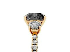 Fancy Black Cushion Cut Diamond Three-Stone Ring Set in Yellow gold with Pavé Band and Graduated Sides