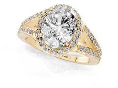 Oval Cut Diamond Halo Split Shank Pavé Ring Set in Yellow gold with Prong Setting