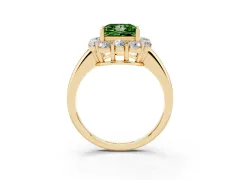 Fancy Green Princess Cut Diamond Milgrain Halo Solitaire Ring Set in Yellow gold with Bezel Set Side Stones and Pavé Band