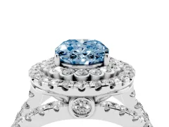 Fancy Blue Oval Cut Diamond Double Halo Ring Set in White gold with Round Pavé Split Shank