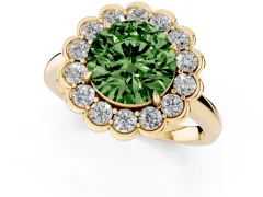 Fancy Green Round Cut Diamond Halo Cluster Engagement Ring Set in Yellow gold with Solitaire Band and Prong Setting