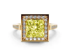 Fancy Yellow Princess Cut Diamond Halo Ring Set in Yellow gold with Accent-Lined Split Shank and Prong Setting