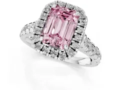 Fancy Pink Emerald Cut Diamond Halo Engagement Ring Set in White gold with Pavé Band and Prong-Set Center