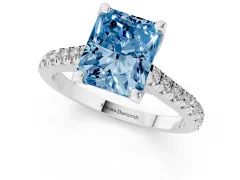 Fancy Blue Radiant Cut Diamond Solitaire Ring Set in Platinum with Brilliant Pavé Band and Prong Setting