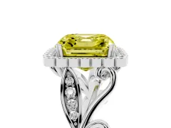 Fancy Yellow Asscher Cut Diamond Halo Ring Set in White gold with Leaf Motif Split Shank and Prong Setting
