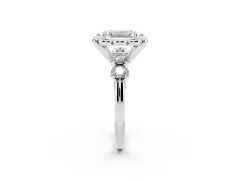 Emerald Cut Diamond Floral Halo Ring Set in Platinum with Shared Prong Band